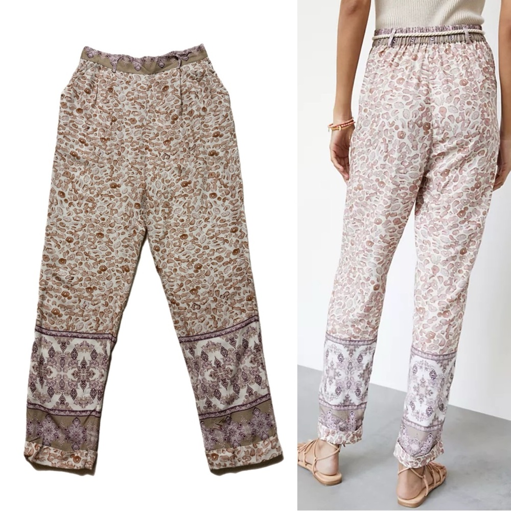 Anthropologie Ollari Tasseled Tapered Mauve Animal Print Pants‎ S
